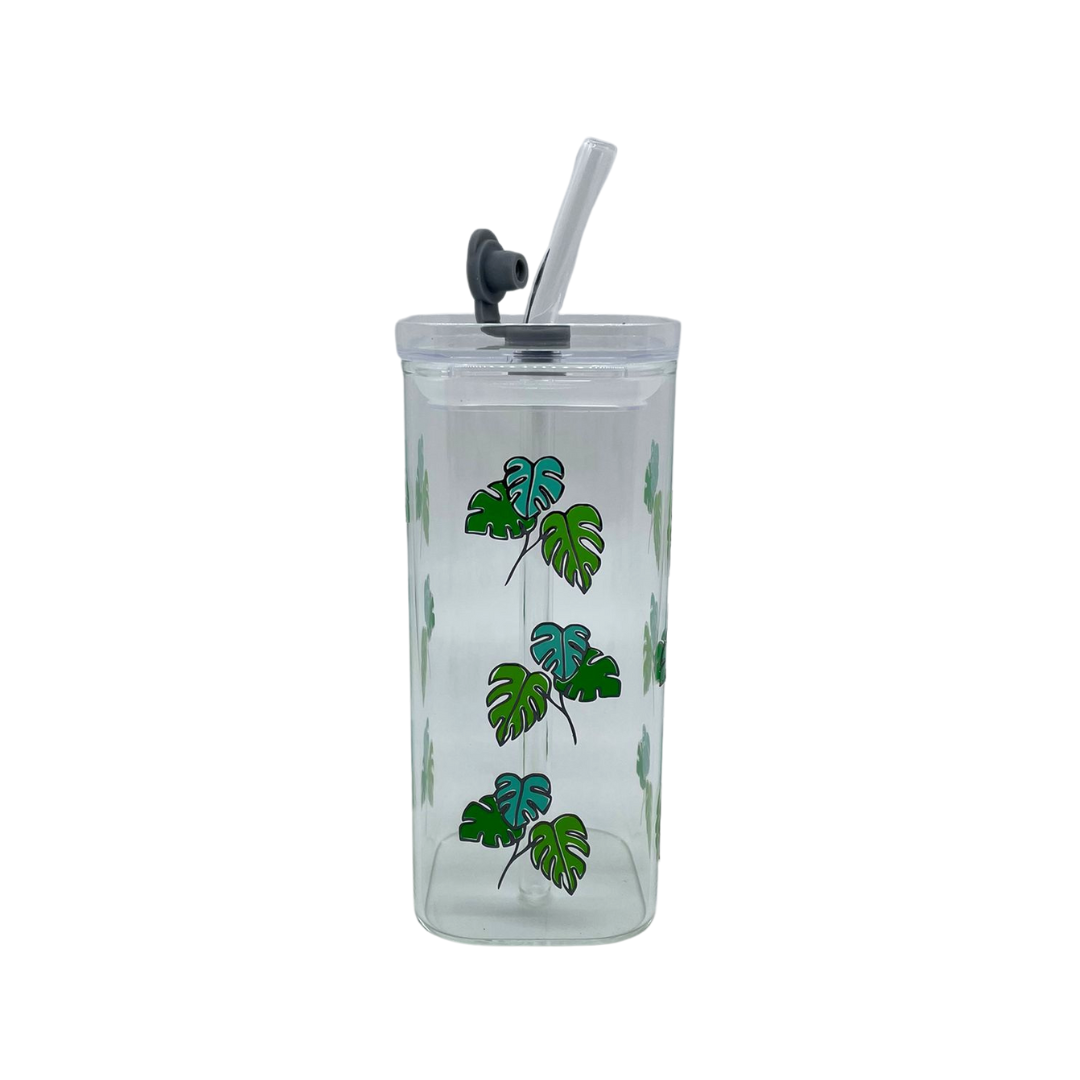 Glass tumbler with drinking straw and lid, personalized name can be added