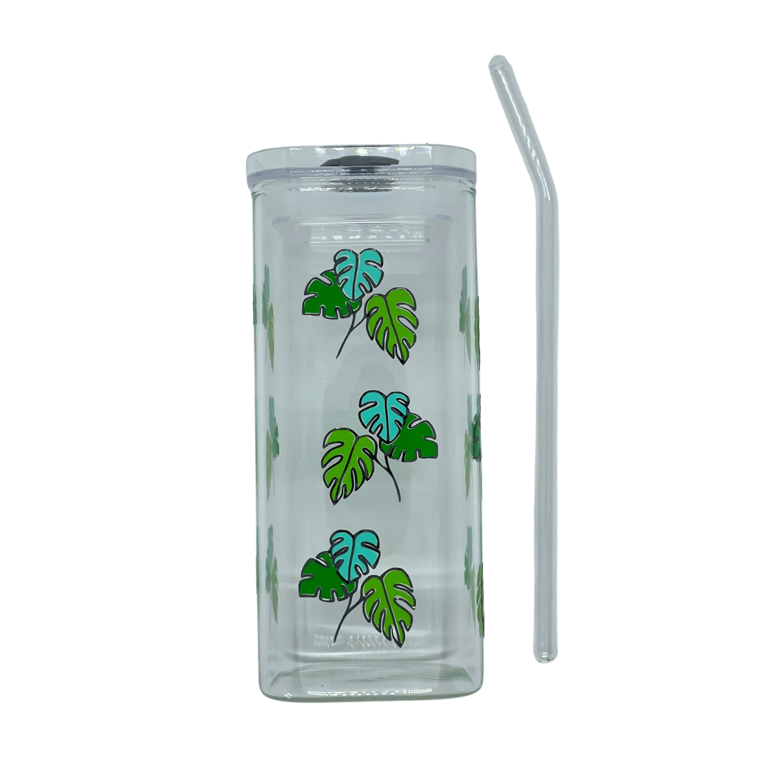 Glass tumbler with drinking straw and lid, personalized name can be added